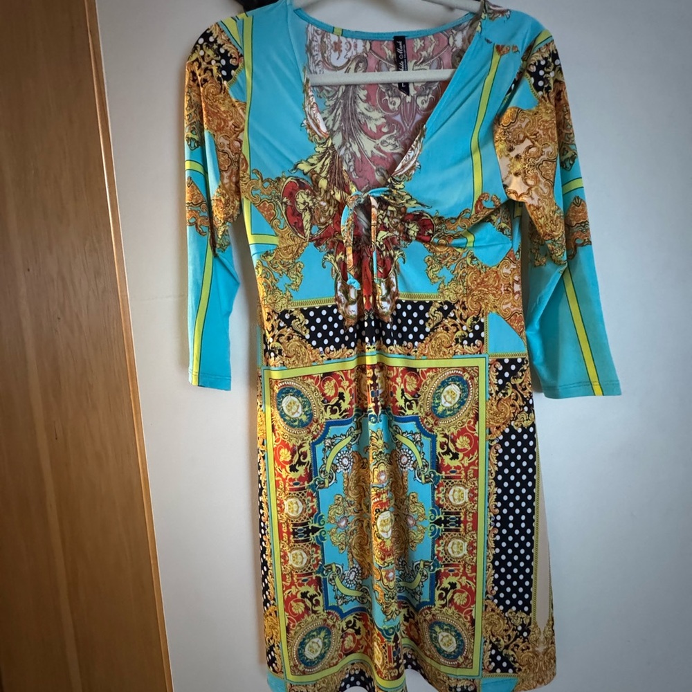 White Mark Vibrant Blue and Gold Long Sleeve Dress